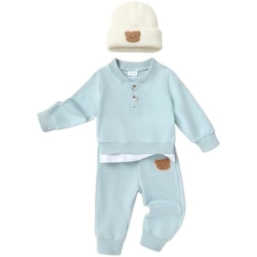 YOUNGER TREE Toddler Fall Outfits Baby Boy Sweatshirt Top Sweatpants Set Cute Sweatsuit for Boy Winter Clothes with Hat