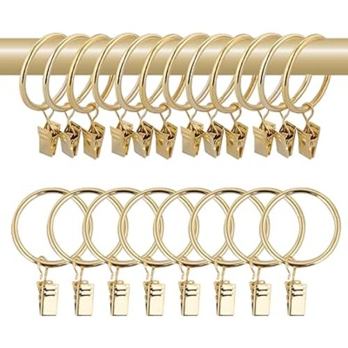 40 Pcs 1.5" Metal Curtain Rings with Clips, Drapery Hanging Rings Clips for Tension Rod Bracket Eyelets Decorative Hangers, Gold