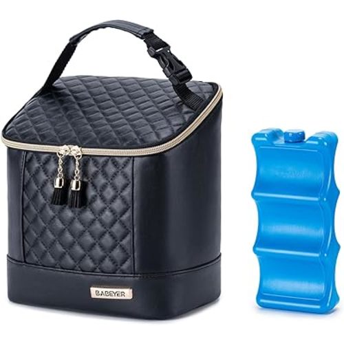 Breastmilk Cooler Bag with Ice Pack for 3 Baby Bottles Up to 9 Oz, Vegan Leather Breastmilk Pump Bag Bottles Cooler Bag for Moms Travel, Black
