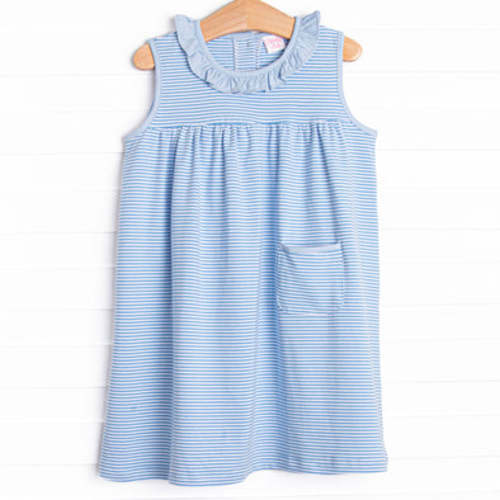 Stitchy Fish Jane Ruffle Dress, Medium Blue Stripe