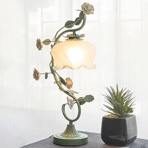 TFCFL Rose Flower Table Lamp for Bedroom, Stained Glass Desk Lamp Elegant Flower Plug-in Table Lamp Light Bedside Nightstand Lamp E26 Bulb Base 60W Max for Bedroom (Green)