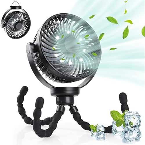 Hianjoo Stroller Fan with LED Light, 5200 mAh Desk Fan Silent Camping Fans with Hook 360° Rotation Flexible Portable Rechargeable Electric Powerful Cooling Fan for Office/Camping/Car/BBQ/Gym, Black
