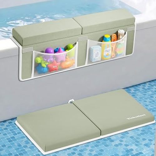 Bath Kneeler and Elbow Rest Pad Set-Baby Bath Kneeler with 1.5'' Comfortable Thick Memory Foam, Non-Slip Knee & Arm Support for Baby Bath Time,Foldable Bath Mat for Baby Storage Pockets