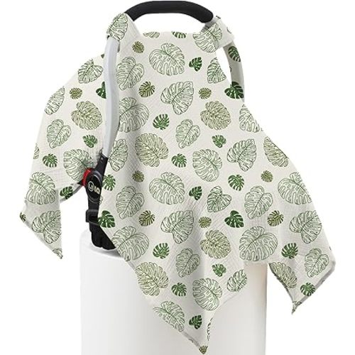 100% Muslin Cotton Car Seat Cover Baby, Carseat Canopy Cover, Universal Fit Stroller Covers for Boys and Girls (Monstera Green)