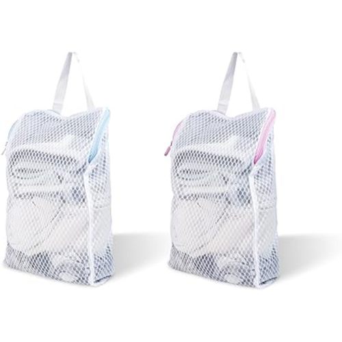 2 PCS Honeycomb Mesh Laundry Bag with Handle, 13.3 x 7.8 Inch Zippered Mesh Laundry Bag, Extra Large Opening, Side Widening, for Washing Socks, Baby Items, Lingerie, Travel Garments (Pink and Blue)