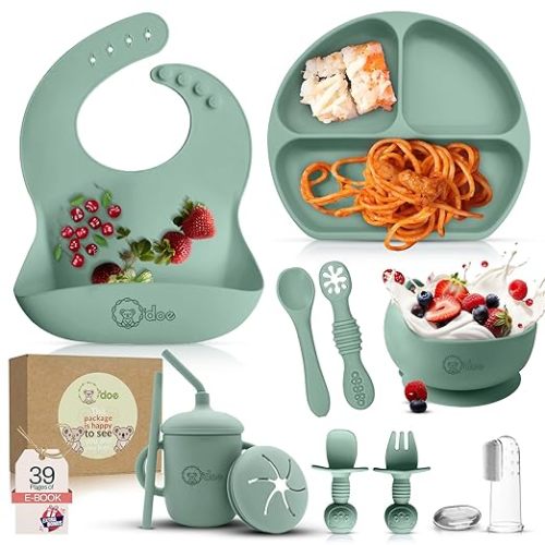 O'doe 11-Piece BPA-Free Silicone Baby Feeding Set | Thick & Soft Suction Plates, Baby Bowls, Wooden Fork & Spoon, and More | Make Mealtime Fun and Easy for Your Little One (Green, V1)