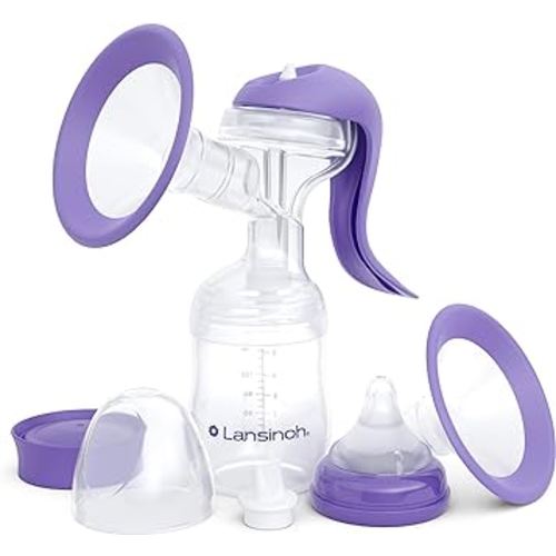 Lansinoh Manual Breast Pump, Hand Pump with Comfortable Flange for Breastfeeding Essentials, Includes Baby Bottle for Feeding, 5oz