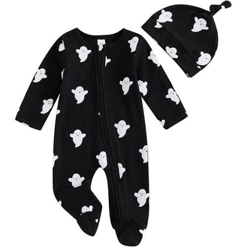 My First Halloween Baby Boy Outfit Ghost/Pumpkin Long Sleeve Zipper Footie Romper Jumpsuit Newborn Fall Clothes Hat