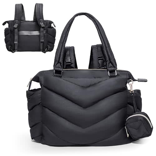 ILCOLPO Diaper Bag Tote, Diaper Bag Backpack,Puffer Tote Bag with Pacifier Case, Lightweight Mommy for Hospital, Puffy with 10 Pockets, Convertible Baby for Travel, Black