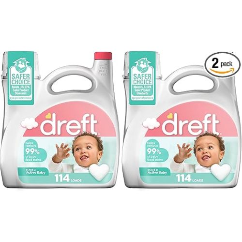 Dreft Stage 2 Active Baby Liquid Laundry Detergent,Helps Remove 99% of Baby Food Stains,114 loads,(Pack of 2)