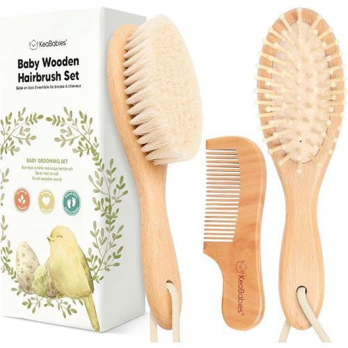 Baby Hair Brush Set for Newborns - Soft Goat Bristle Wooden Baby Brush and Comb Set Newborn Grooming Kit for Cradle Cap, Durable & Gentle, Boy, Girl Infant Essentials Care Kit (Oval, Walnut)