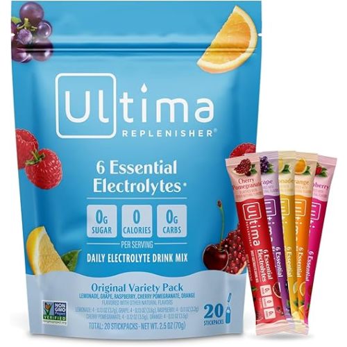 Ultima Replenisher Daily Electrolyte Powder Drink Mix – Zero Sugar – Original Variety, 20 Stickpacks – Hydration Packets with 6 Electrolytes and Minerals – Keto Friendly, Vegan, Non-GMO