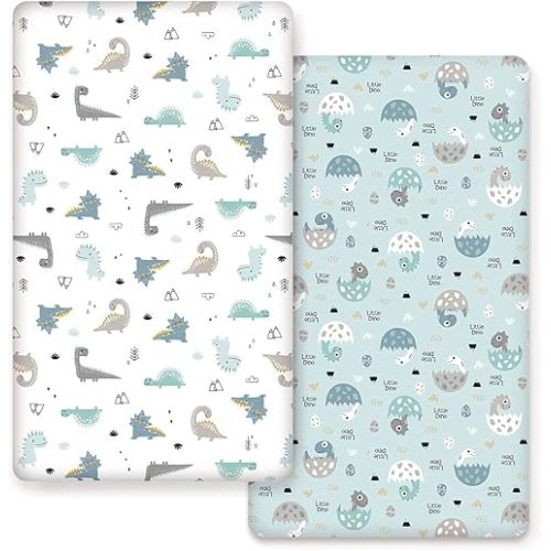 GRSSDER Stretchy Ultra Soft Jersey Knit Fitted Crib Sheets Set 2 Pack, Cozy Fits All Standard Crib Mattress Pads, Happy Dinosaurs Print for Boys and Girls