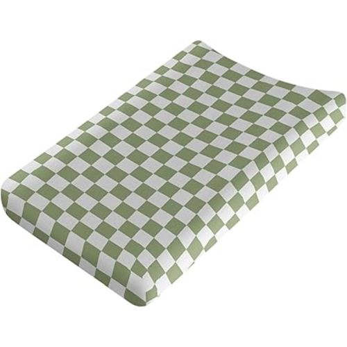 Sage Green Checkered Changing Pad Cover for Baby Girls Boys Cartoon Breathable Diaper Change Table Sheet Soft Stretchy Cute Change Table Mat Cover Fit 32x16