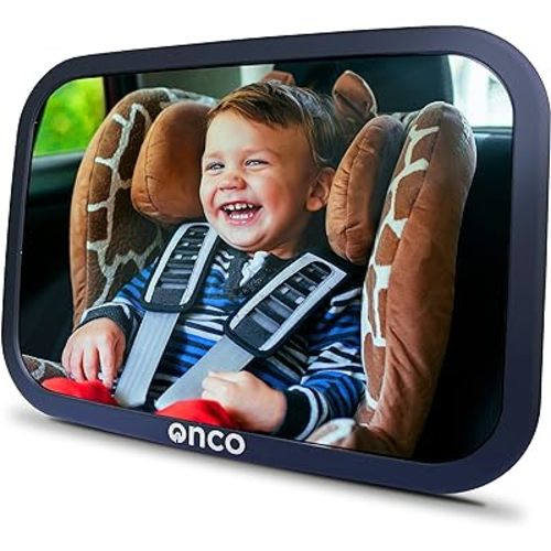 Onco Baby Car Mirror Rear Facing - Double Award-Winning Convex Car Mirror for Baby, 100% Shatterproof & Shakeproof with 360° Rotation, Newborn Essentials (9.6 x 6.9 in)
