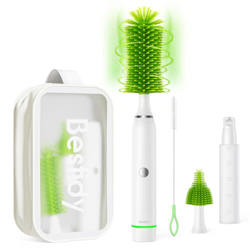 Bestidy Electric Baby Bottle Cleaner Kit for Travel- Rechargeable 360° Rotation Electric Baby Bottle Brush with Replaceable Nipple/Straw Brush, 2-Speed Modes, 50ml Lotion Bottle & Storage Bag, Green