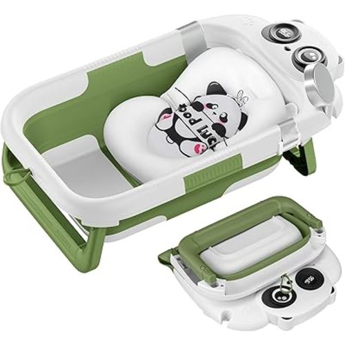 Foldable Baby Bathtub, Lightweight Bathtub for Infants to Toddlers with Soft Cushion & Thermometer, Portable Baby Tub Newborn to Toddler 0-36 Months(Green)