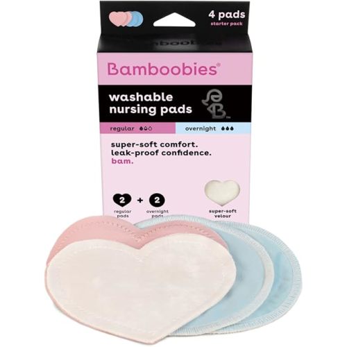 Bamboobies Women’s Nursing Pads, Reusable and Washable, Pink Regular and Blue Overnight, Variety Pack, Leak-Proof Pads for Breastfeeding, 2 Pairs