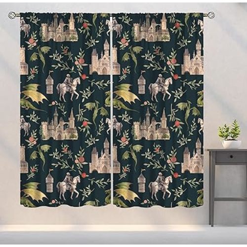 Dragon Curtains, Magical Medieval Castle Dragon Knights and Floral Pattern Window Treatments, Fairy Tale Print Blackout Drapes 2 Panel Set for Living Room Bedroom Kitchen21 W X 45"" L, Style-4