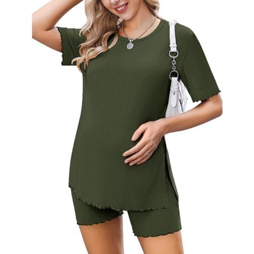Ekoauer Women 2 Piece Maternity Pajamas Set Lightweight Pregnancy Outfit Ribbed Knit Postpartum Loungewear Set with Pocket