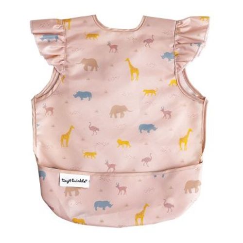 Tiny Twinkle Mess-Proof and Waterproof Baby Bib/Apron with Ruffled Shoulder, Machine Washable and BPA-Free (Butterflies, Small 6-24 Months)