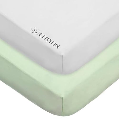 American Baby Company 2 Pack 100% Natural Cotton Fitted Crib Sheets 52" x 28" - Soft, Breathable, Hypoallergenic & Gentle Toddler Bed Sheets, Celery and White, Neutral for Boys & Girls
