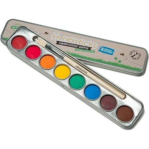 Honeysticks Non-Toxic Watercolor Paint Set for Kids and Toddlers - 8 Vibrant and Long Lasting Colors with Brush - Natural and Food Grade Ingredients - Child Safe Art Supplies - Great Gift Idea