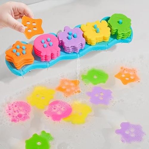 Bath Toys for Kids Ages 1-3 Mold Free Bath Toys Color and Shape Sorting & Stacking Toys with 21 Soft Rubber Floating Pieces for Babies 18+ Months, Early Learning Educational Bathtub Toddler Toys