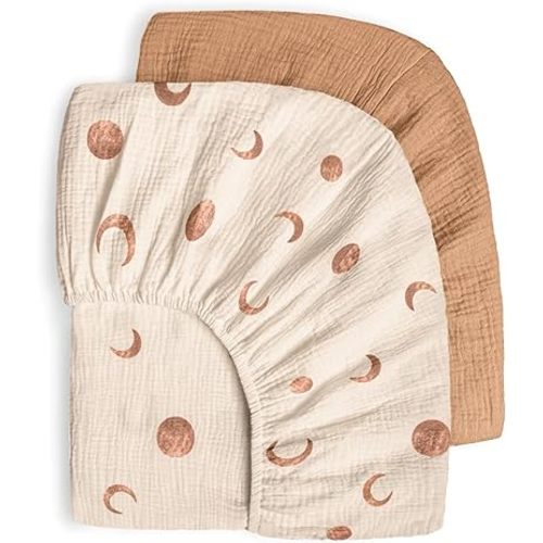 Bearmoss Muslin Crib Sheets 100% Cotton Baby Crib Sheets Fitted for Standard Crib Mattress & Toddler Bed Mattress 52"x28" Soft Breathable Crib Sheets Neutral for Boys Girls - 2 Pack (Brown Moon)