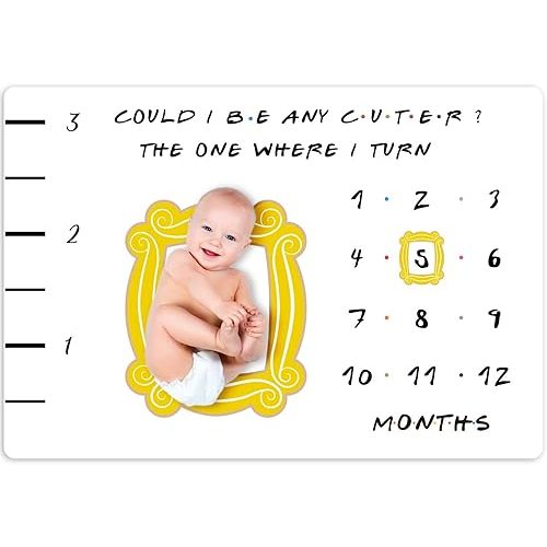 Friends Baby Milestone Blanket, TV Show Merchandise Gift for Baby Shower, Newborn Essentials Photo Props for Age and Growth, Yellow Frame Included, 50'' X 60''