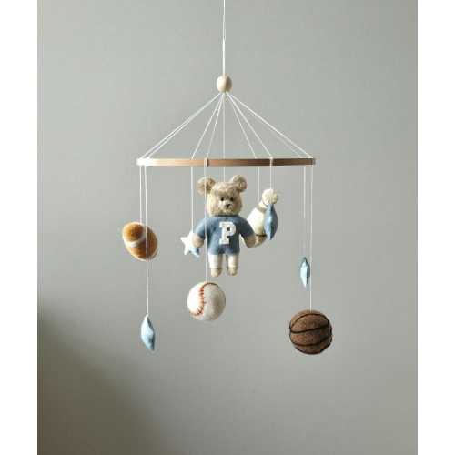 Vintage Sport Nursery mobile with Teddy Bear and basketball, baseball, American football and bat, Baby boy shower Gift idea, new mom gift.