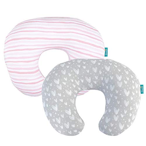Biloban Nursing Pillow Cover 2 Pack Pink and Gray, Stretchy 100% Jersey Cotton Nursing Pillow Slipcovers for Moms Breastfeeding and Bottle Feeding Pillow, Large Zipper Ultra Soft Cover