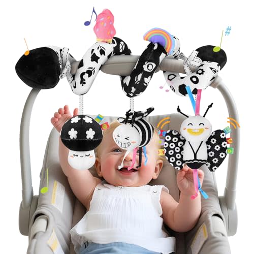 Zendstanding Spiral Car Seat Toys for Babies, 0-6 Months Stroller Pram Activity Hanging Toys High Contrast Black and White Sensory Toy, Newborn Soft Plush Travel Toy for Newborn Boys Girls Gift