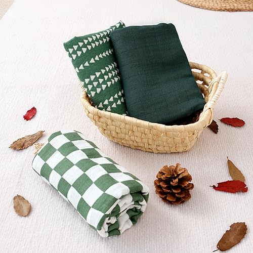 HappyFlute 3 Set Muslin Swaddle Blankets,Essential Baby&Newborn Swaddling,Perfect for Boys&Girls,Receiving Blankets,Nursing,Stroller Cover,Large 47.2x43.3 inches Swaddle Wrap Burping Clothes. (Green)