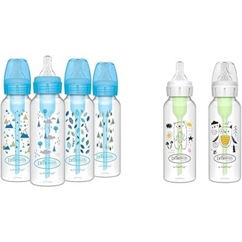Dr. Brown's Anti-Colic Options+ Narrow Baby Bottles, Nature Designs, 8oz, Level 1 Slow Flow Nipples, 4-Pack & Bear & Owl, 8oz, Level 1 Slow Flow Nipples, 2-Pack