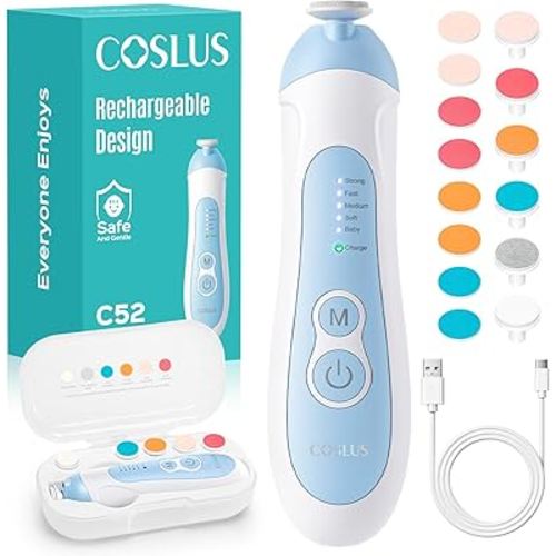 COSLUS Rechargeable Baby Nail File: Cordless Baby Nail Trimmer Electric with 5 Speeds & 6 Grinding Heads for Baby Kid, CPC Certified and Quiet Design - Safe for Sleep Trim Buffer, C52, Blue