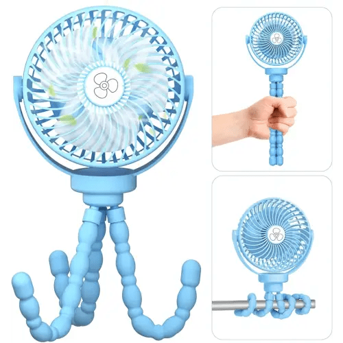 VASG Battery Operated Stroller Fan, Handheld Mini Fan clip on fan with Flexible Tripod, Battery Powered Baby Fan, 3 Speeds Rotatable Personal Fan for Crib Bike Car Seat, Blue