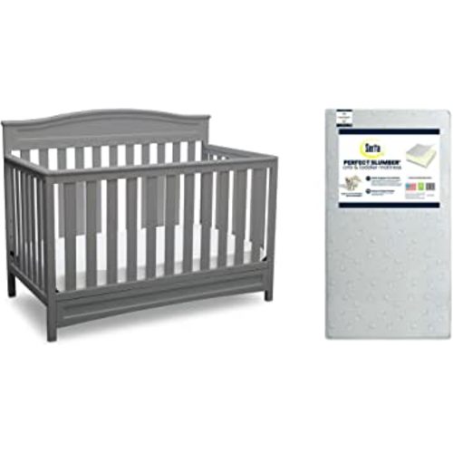 Delta Children Emery 4-in-1 Convertible Crib, Grey + Serta Perfect Slumber Dual Sided Recycled Fiber Core Crib and Toddler Mattress (Bundle)
