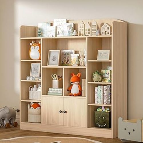 Oak Kids Bookshelf, Kids Bookcase with 11 Cubbies and 2 Cabinets, Freestanding Book Storage Shelves for Bedroom, Playroom, Hallway