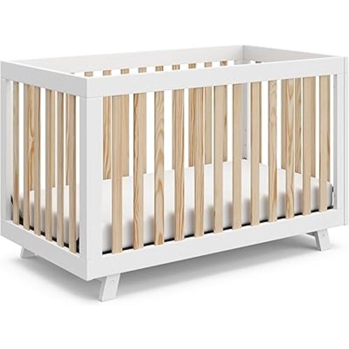Storkcraft Beckett 3-in-1 Convertible Crib (White with Natural) – GREENGUARD Gold Certified, Converts from Crib to Toddler Bed, Fits Standard Full-Size Crib Mattress, Newborn Must-Haves