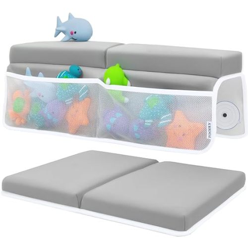 Comfortable Baby Bath Kneeler and Elbow Rest Pad Set – Thick Memory Foam Bath Kneeling Pad with Elbow Support – Baby Bathtub Cushion with Toy Organizer for Bathing Infant or Toddler - Grey