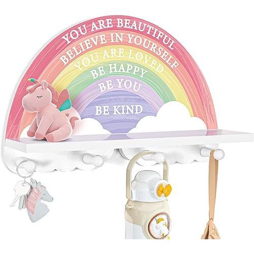 Garybank Rainbow Shelf Decor for Girls Room Wall, Wooden Rack with 4 Pegs Hooks - Wall Mount Coat Rack, Boho Rainbow Classroom Decor, Bedroom & Bathroom Decoration, Unicorn Girl Gifts for Christmas