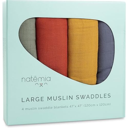 Natemia Baby Muslin Swaddle Blankets - Soft and Breathable Swaddles for Newborns, Boy and Girl, 47" x 47", 4-Pack