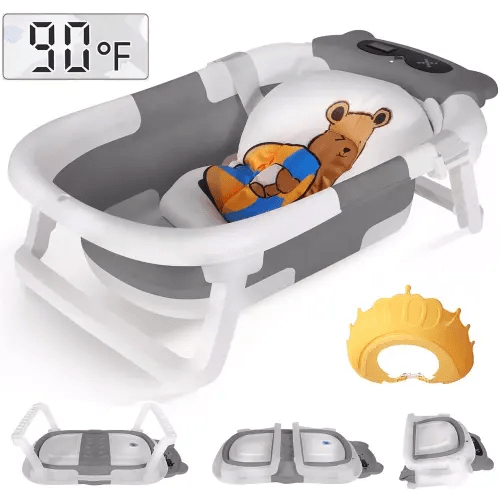 TOPCHANCES Foldable Baby Bathtub for Infants to Toddler, Portable Travel Bathtub with Thermometer & Bath Cushion & Bath Cap, Baby Bathtub for Newborn 0-36 Month (Grey)
