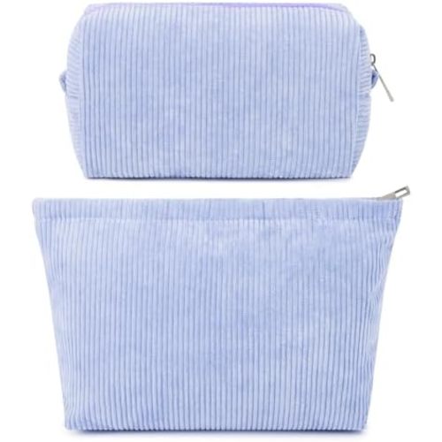 SOIDRAM 2 Pcs Corduroy Makeup Bag Large Cosmetic Bag Toiletry Bag Makeup Pouch Travel Bag Organizer Cute Makeup Brushes Aesthetic Accessories Storage Bag for Women Blue