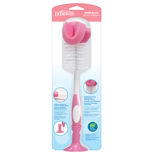 Dr. Brown's Reusable Baby Bottle Brush, Sponge and Bristle Head, Nipple Cleaner, with Suction Cup Stand, Pink