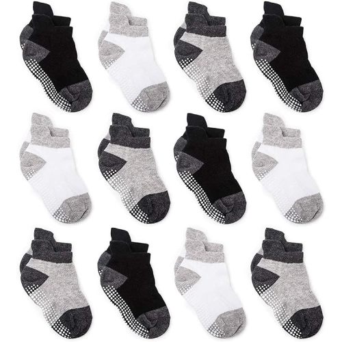 Zaples Baby Non Slip Grip Ankle Socks with Non Skid Soles for Infants Toddlers Kids Boys Girls - 0-6 Months - Assorted - 12 Pairs