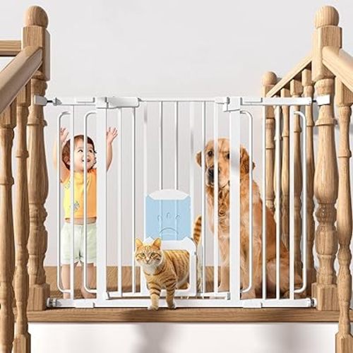 Baby Gate with Cat Door - 36'' Tall Dog Gate with Cat Door for Doorways Stairs 30.5''-47.25'' Pressure Mounted Metal Auto Close Baby Gate with Pet Door