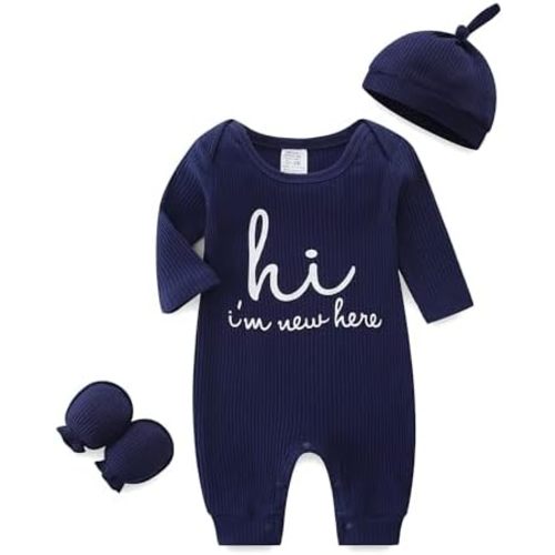 Unisex Newborn Baby Onesie Ribbed Romper Infant Long Sleeve Jumpsuit Hat and Gloves