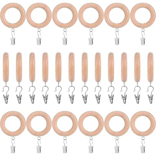 24 Pack Wooden Curtain Rod Rings with Drapery Clips Farmhouse Beech Wood Drapes Rings 1.8 Inch Interior Diameter Rustic for 1-1.3 Inch Curtain Rod Pole (Natural,Inner Dia 1.8 in)